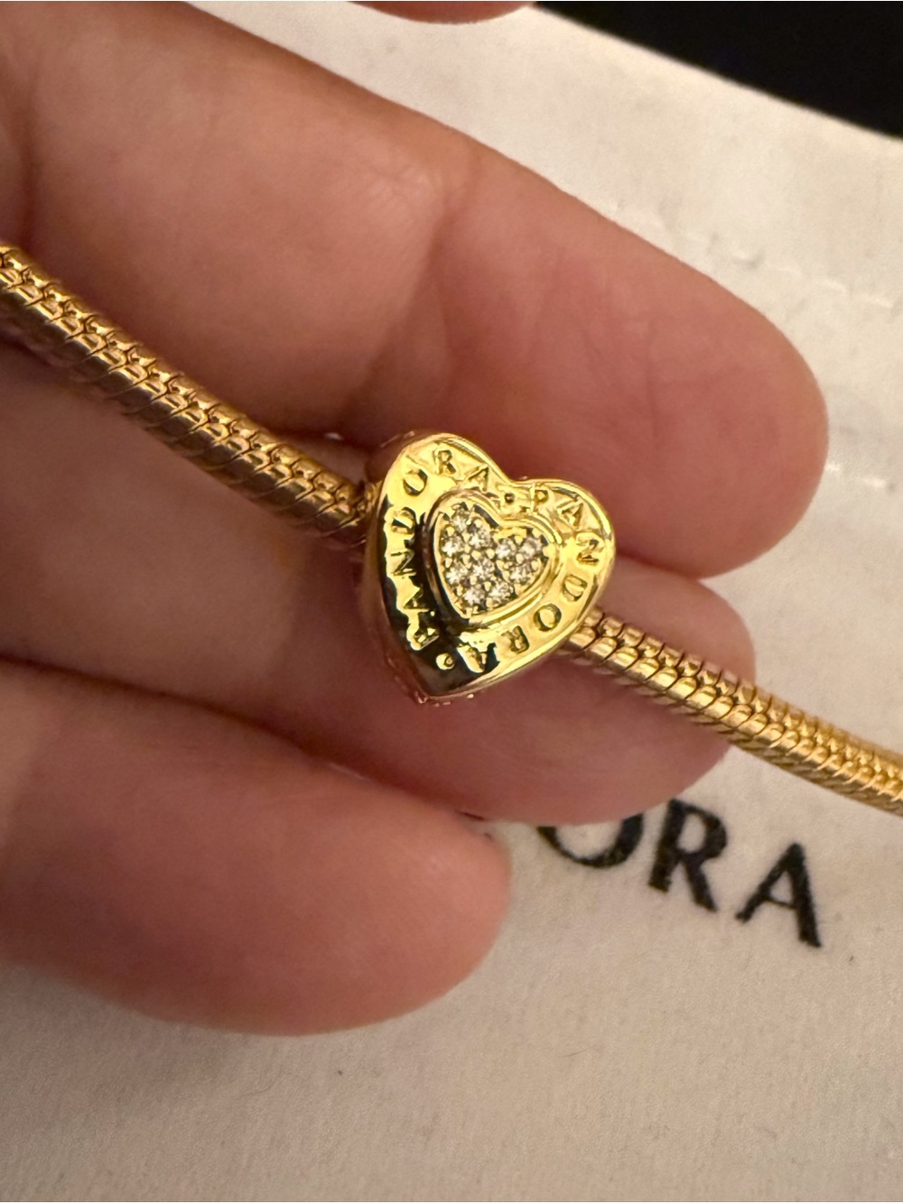 Pandora Gold Heart Charm Bracelet with Pave Center